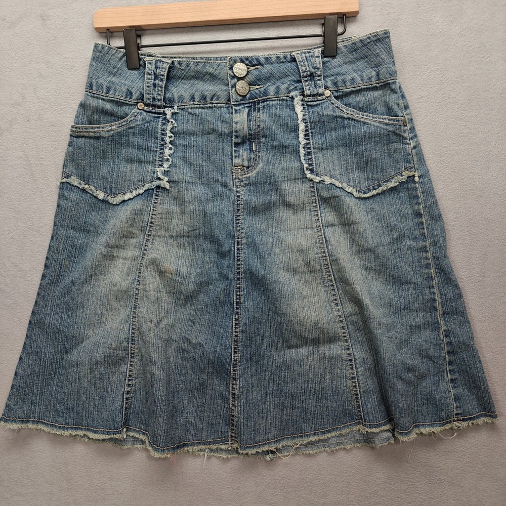 Rewind Denim Skirt Womens Size 7 Y2K Grunge Boho Distressed Raw Hem Ruched